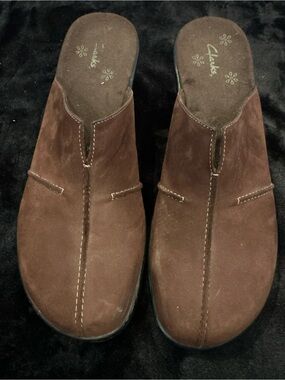 Clarks Brown Suede Slip-On Clog Mules
